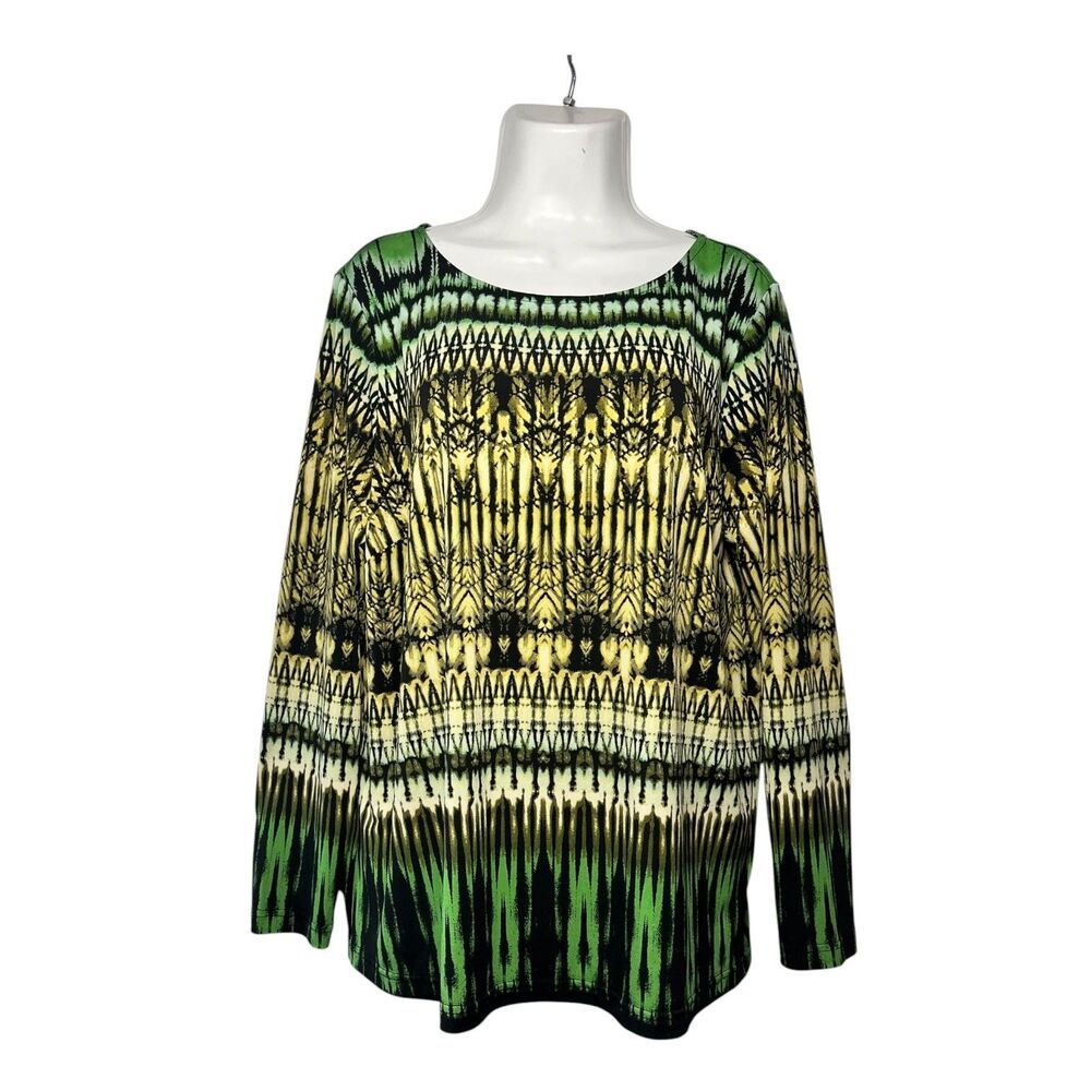 Linea by Louis Dell Tunic Top Women Large Green Ikat V-Neck 3/4 Sleeve Boho